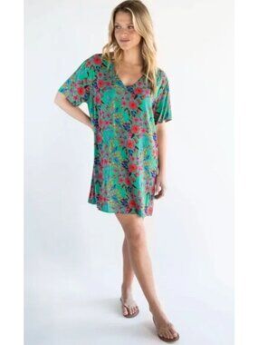 Natural Life Green Floral Tunic Dress M Rayon Short Sleeve Green Cottagecore